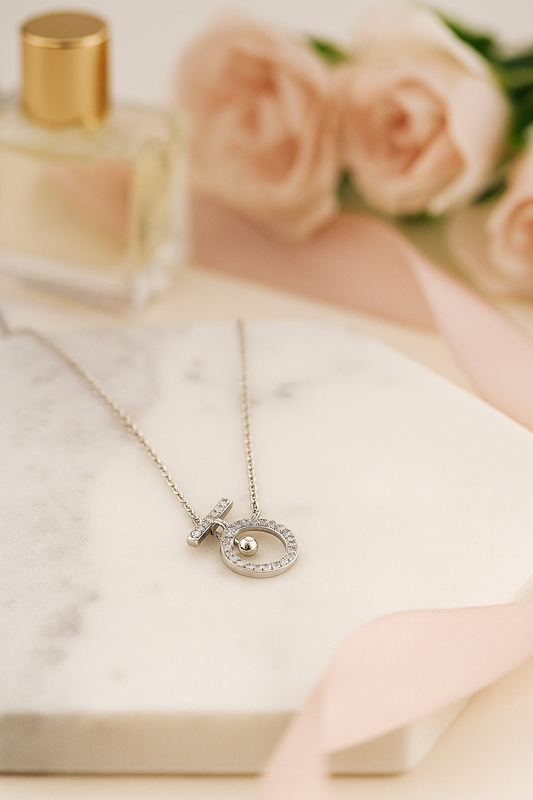 Premium Toggle Design Women’s Necklace White Gold Finish with CZ Circle Pendant