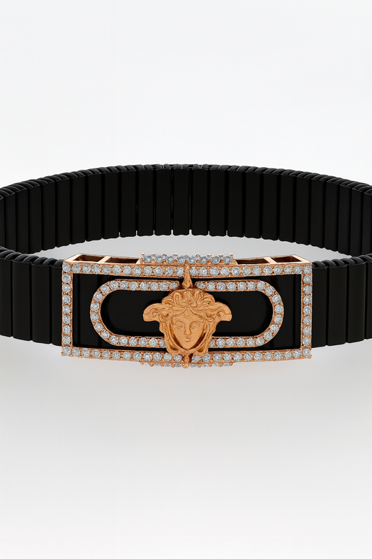 Premium Versace Style Men’s Bracelet Black Ceramic Stretch Band with Rose Gold CZ Plate