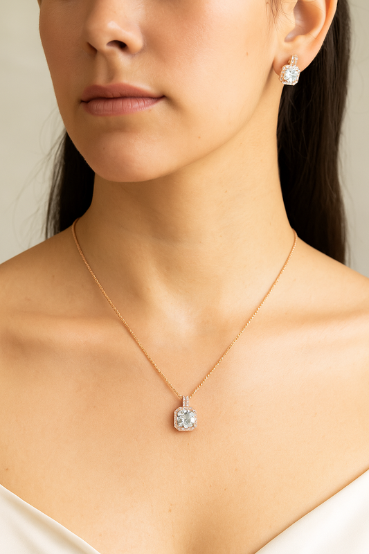 Rose-Gold Emerald Cut Pendant & Earrings Set for Women