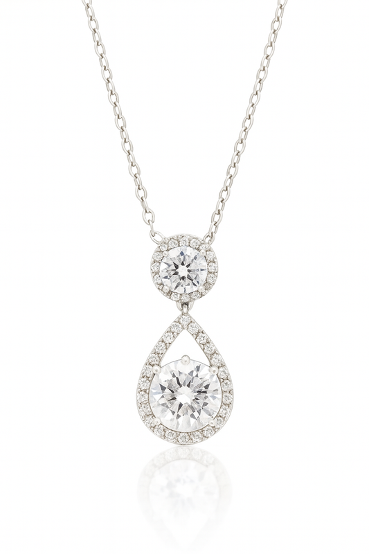Teardrop Double Zircon Pendant Necklace for Women 925 Silver Finish Elegant Party and Wedding Wear Chain