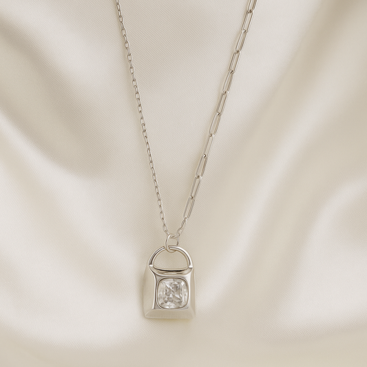 Minimal Lock Pendant Necklace with CZ Stone in White Gold Finish