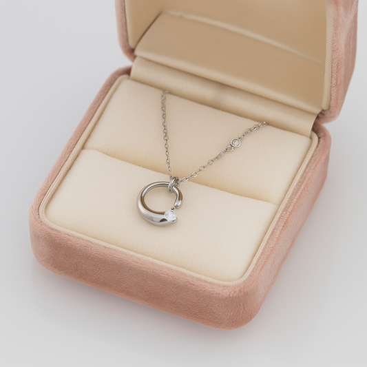 Minimal C-Shape Pendant Necklace White Gold Finish with Single CZ Stone