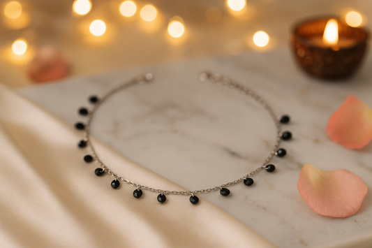 Elegant Silver Black Drop Charm Anklet for Women & Girls | Minimal Daily Wear Adjustable Chain Anklet