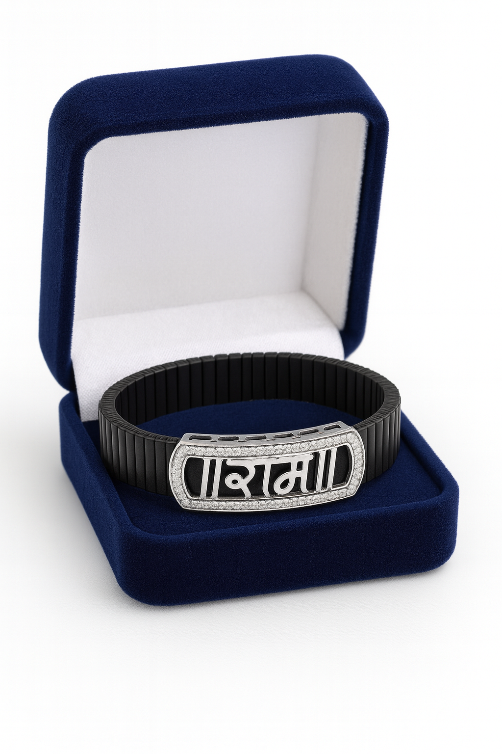 Premium Ram Name Men’s Bracelet Blue Ceramic Stretch Band with Rose Gold CZ Frame