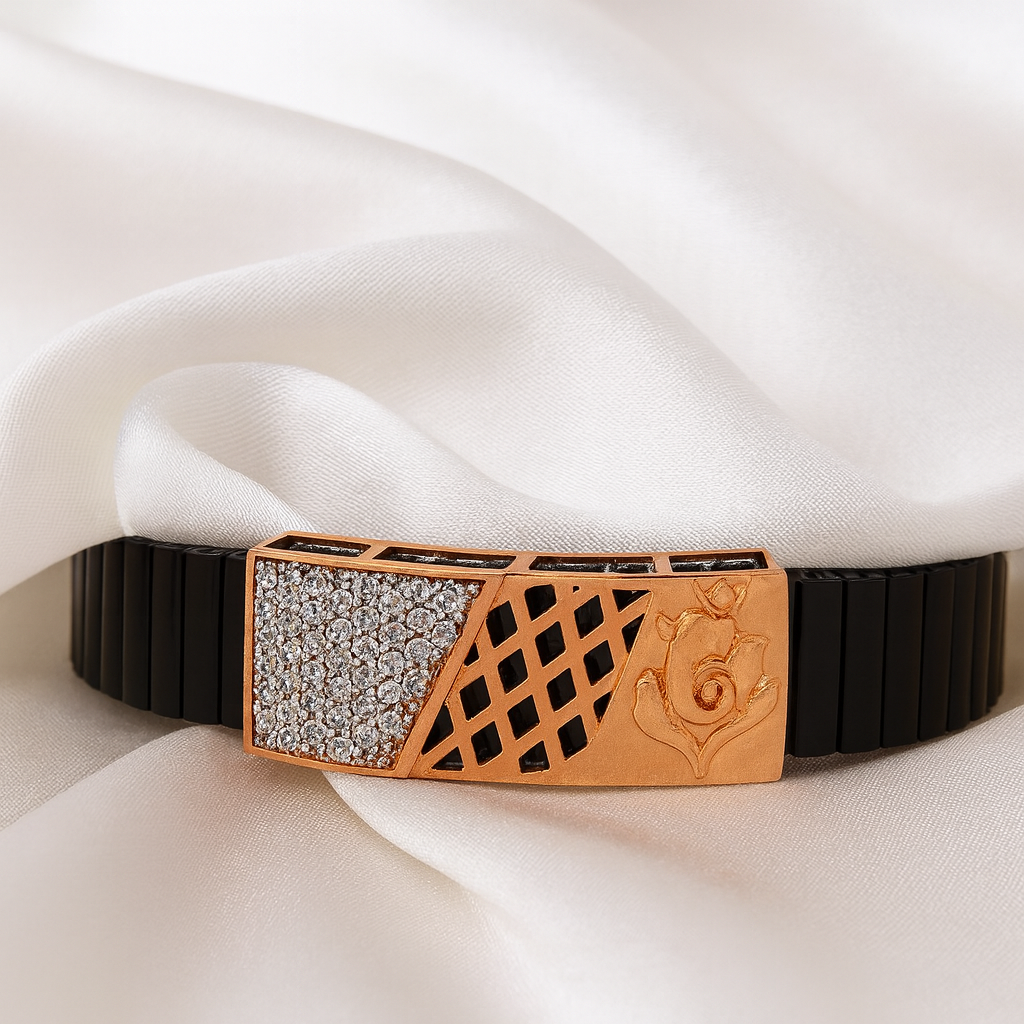 Premium Men’s Designer Bracelet Black Ceramic Stretch Band with Silver CZ Engraved Plate