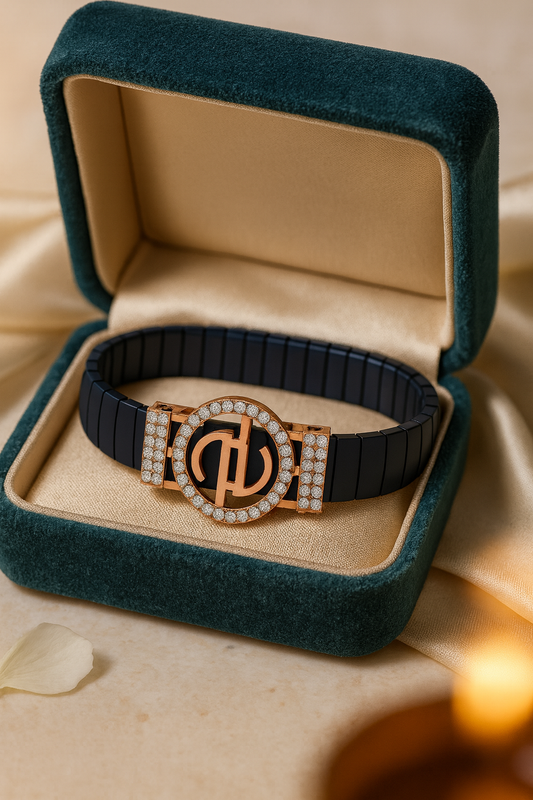 Premium Designer Logo Men’s Bracelet Blue Ceramic Stretch Band with Rose Gold CZ Round Emblem
