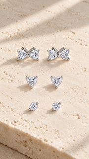 Bow, Heart & Round Solitaire Stud Earrings Set - Aaryahi Silver jewellery product photo