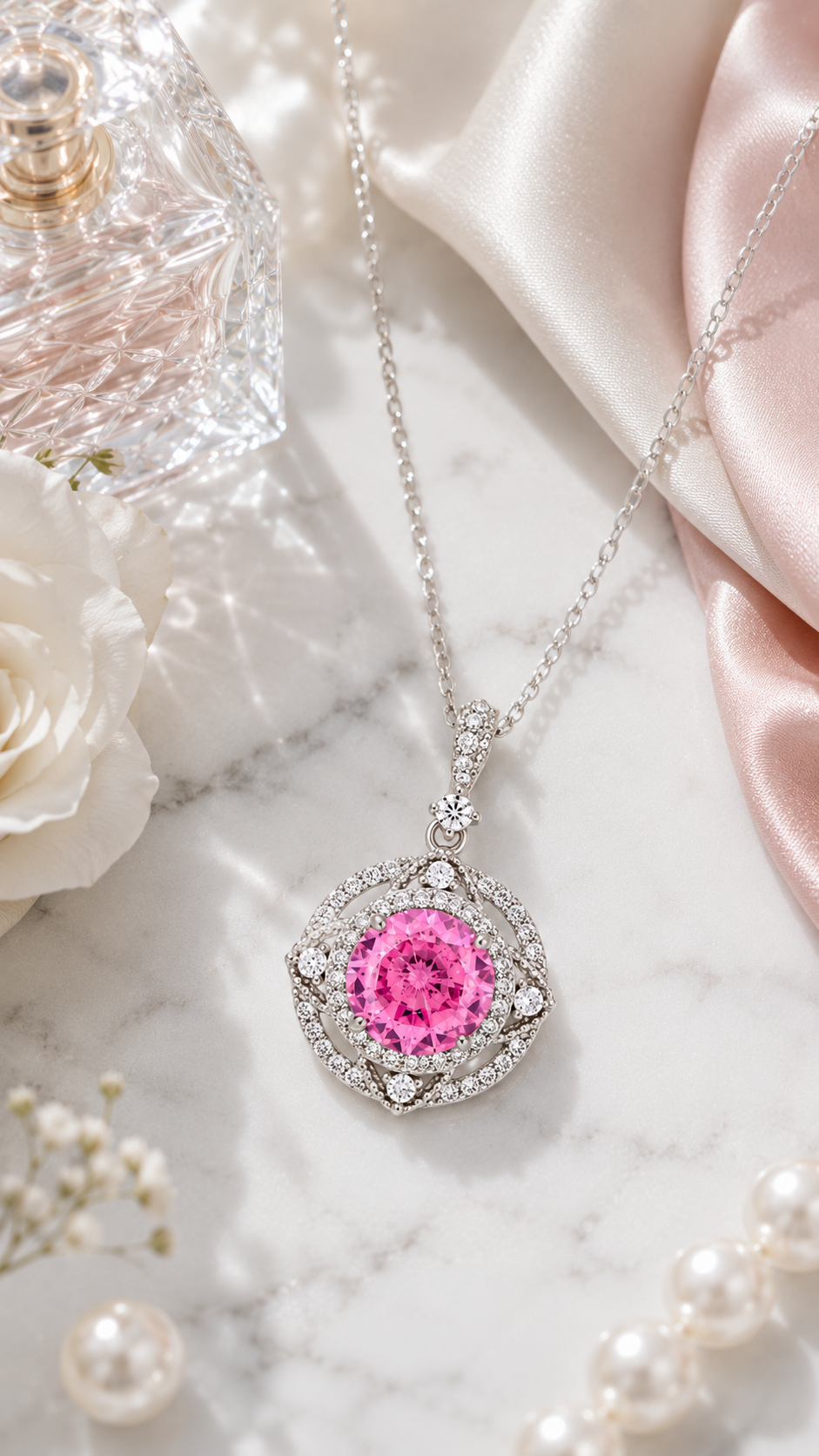 Elegant Silver Pink Halo Pendant Necklace