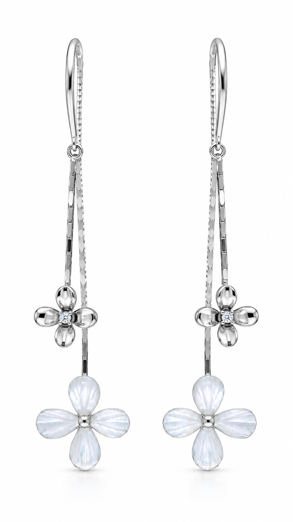 Silver Flower Long Drop Earrings