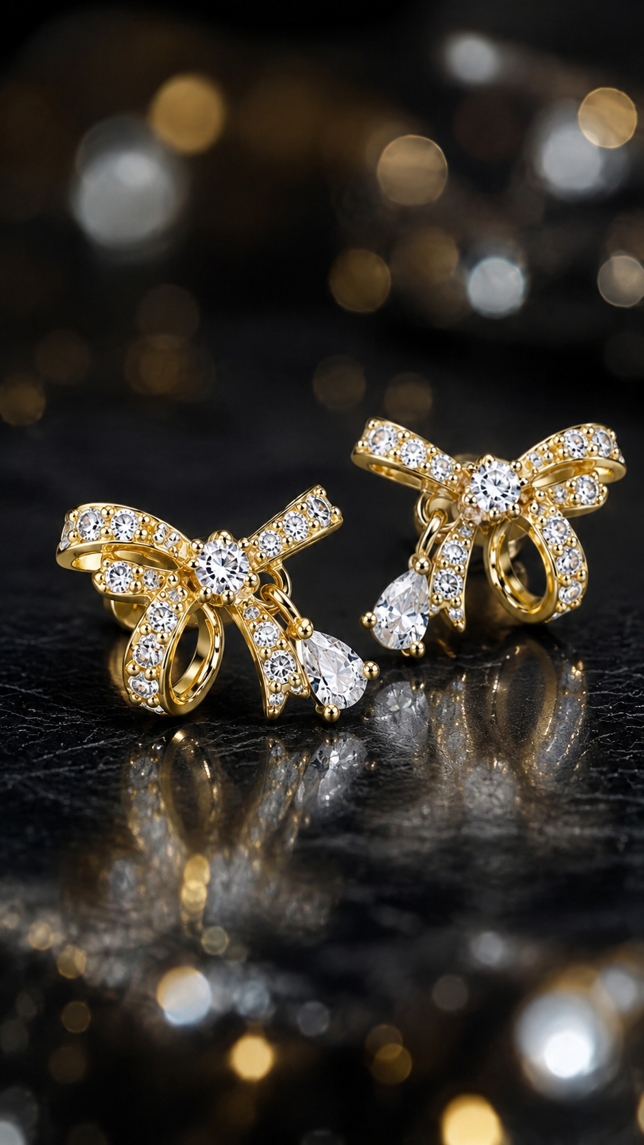 Gold-Plated CZ Bow Knot Drop Stud Earrings for Women