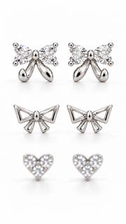 Bow, Open Bow & Heart Earrings Set - Aaryahi Silver jewellery product photo
