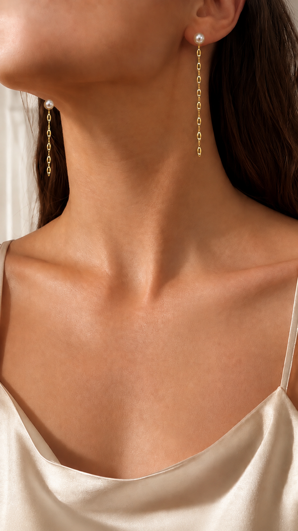Pearl Long Chain Earrings - Aaryahi Silver jewellery product photo