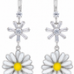 Elegant 925 Sterling Silver Daisy Flower CZ Drop Earrings with White Enamel Petals & Yellow Center for Women