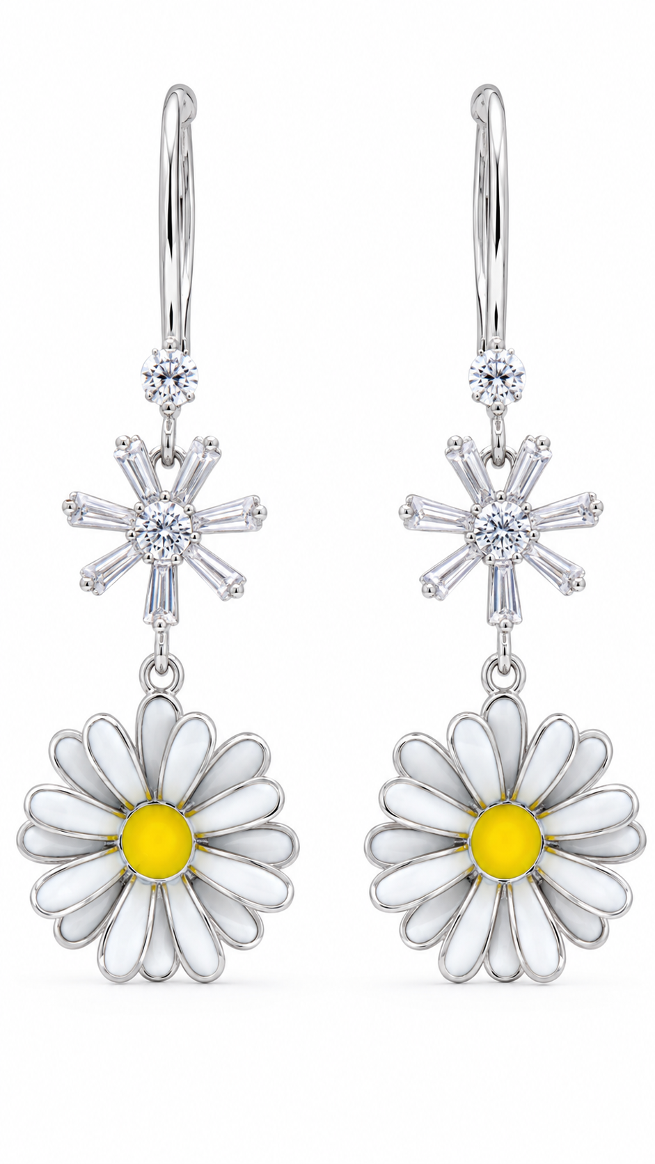 Elegant 925 Sterling Silver Daisy Flower CZ Drop Earrings with White Enamel Petals & Yellow Center for Women