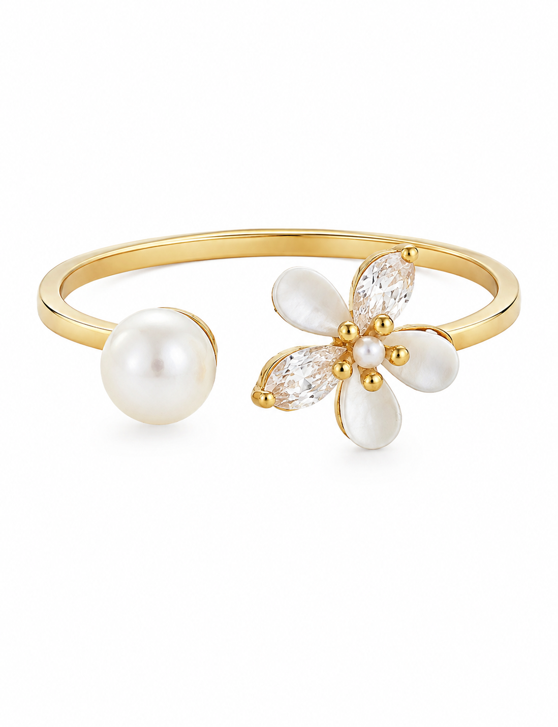 Gold Pearl & Flower Open Adjustable Ring