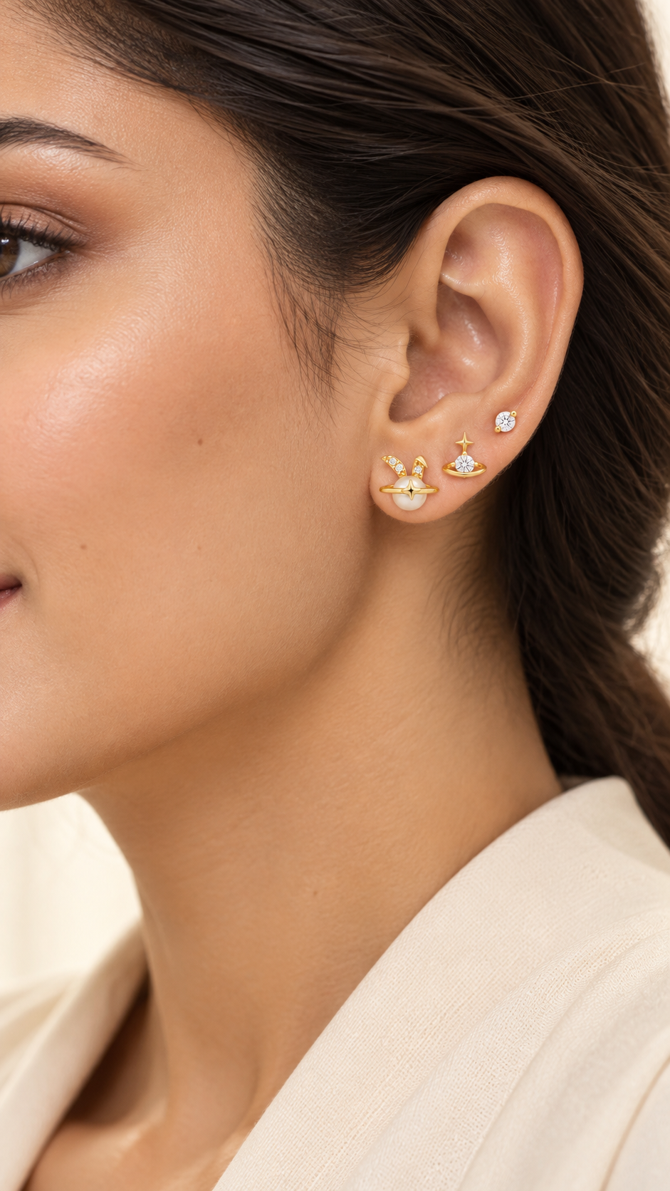 Bunny Pearl Planet, Star Solitaire Earrings Set - Aaryahi Silver jewellery product photo