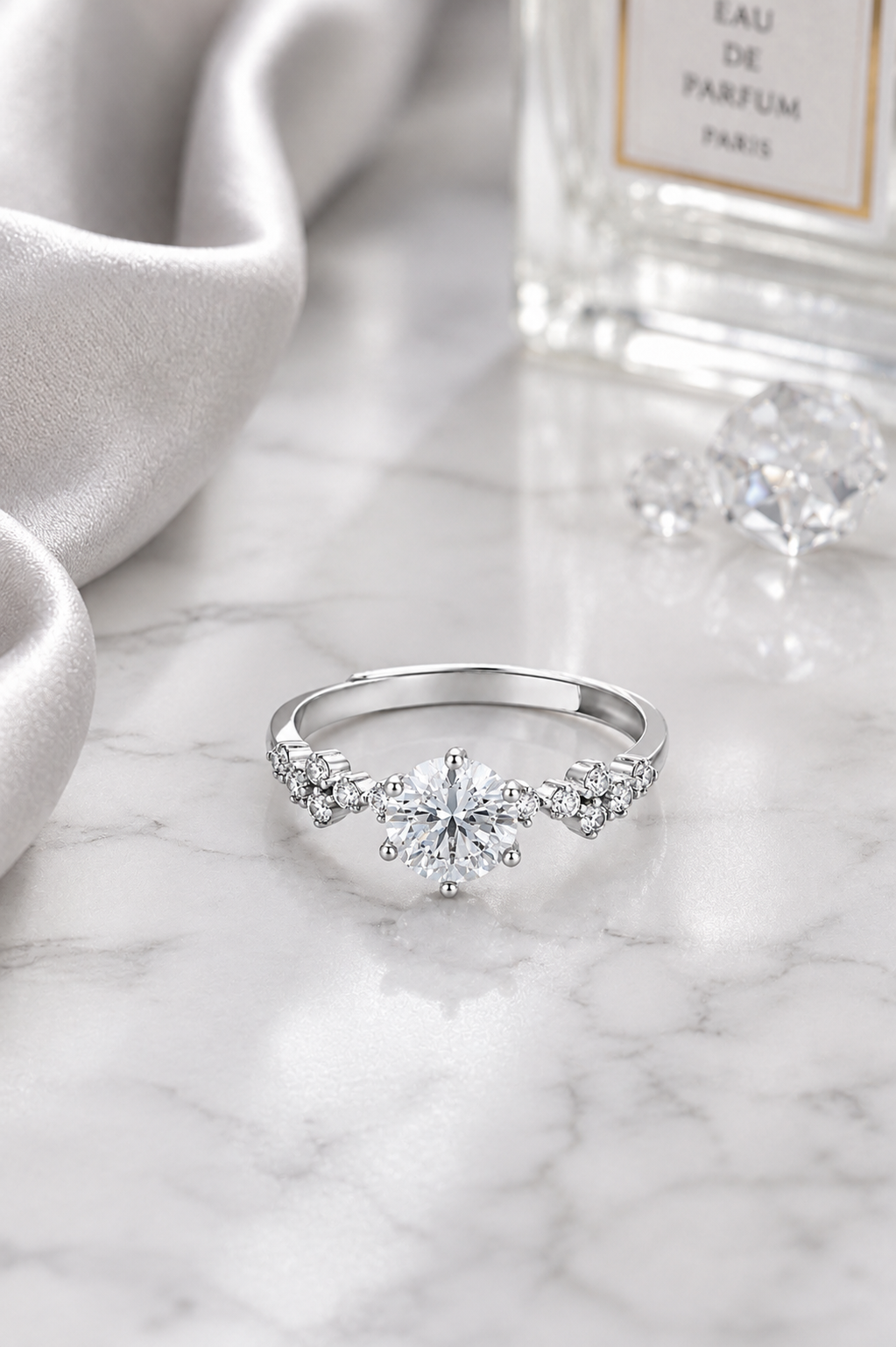 Round Solitaire Floral Adjustable Ring
