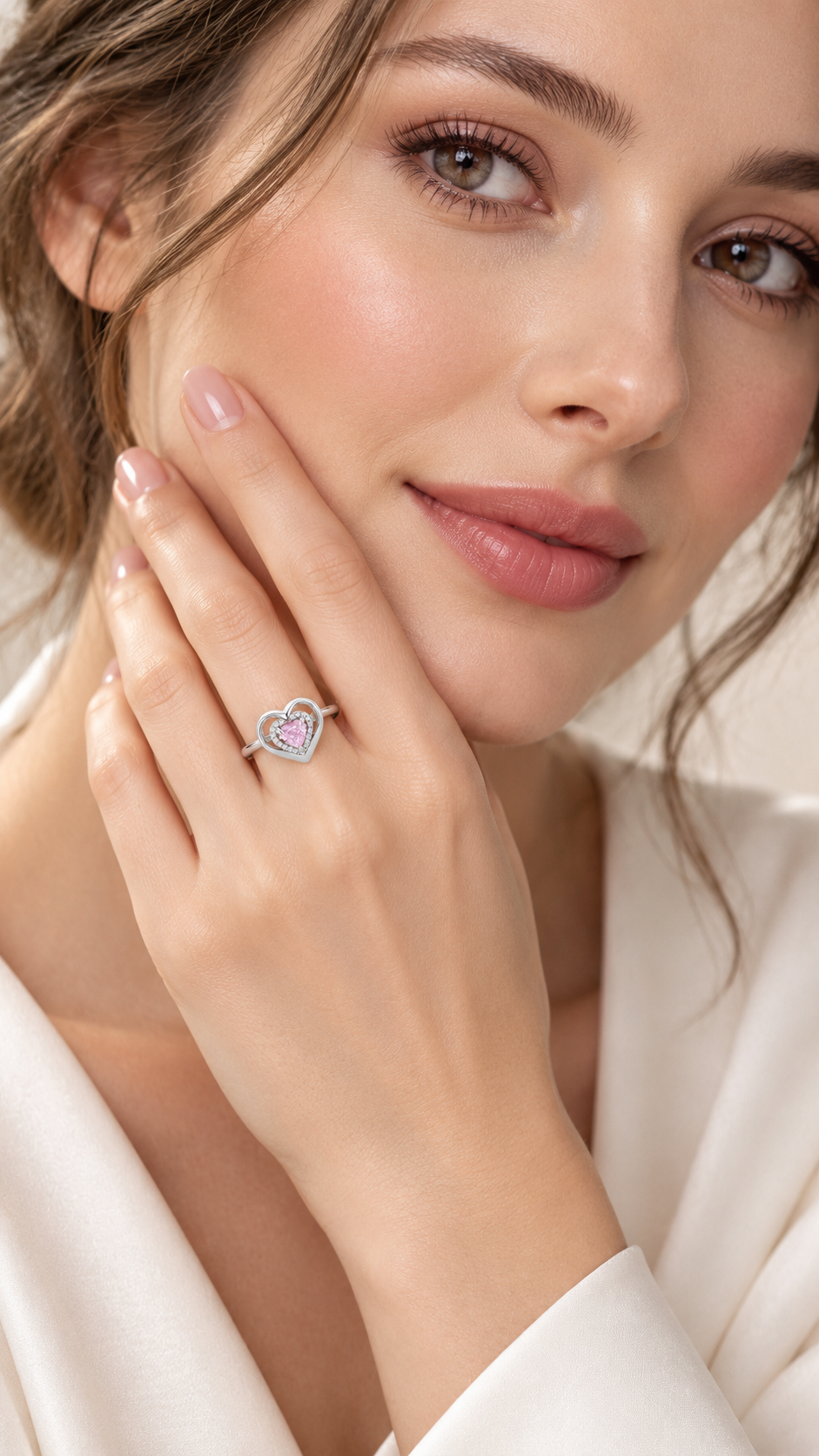 Silver Pink CZ Double Heart Adjustable Ring