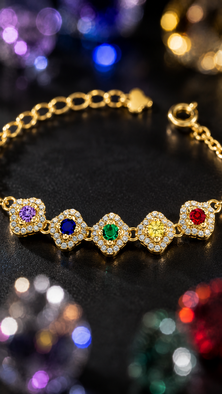 Gold Multicolor Rainbow CZ Halo Station Bracelet