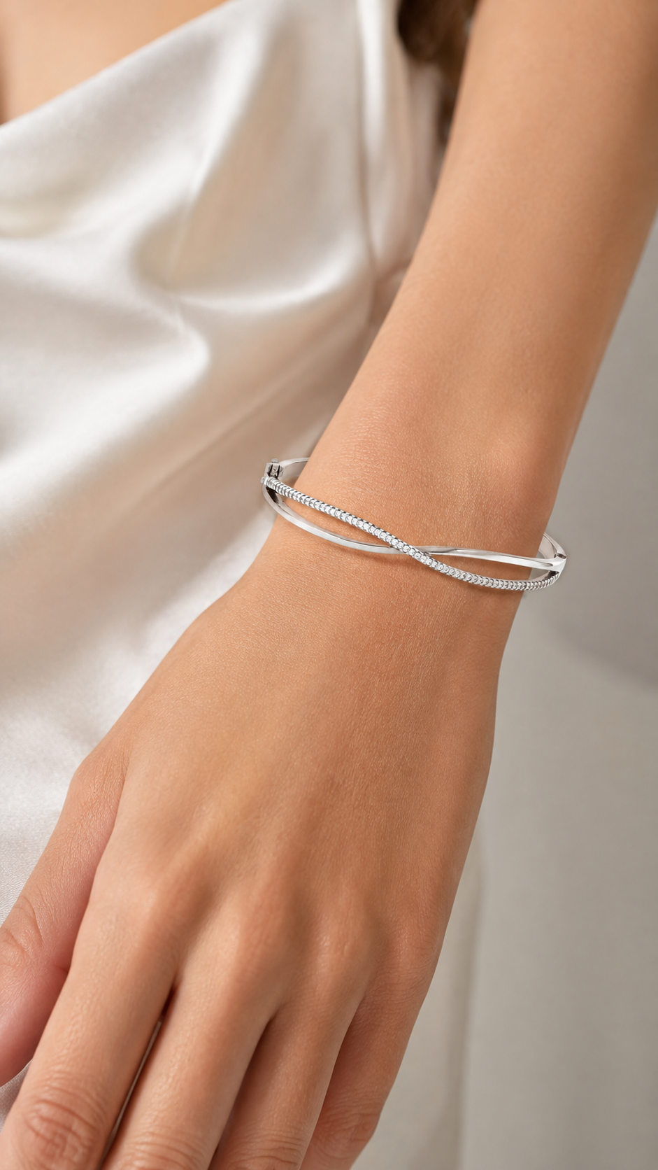 925 Sterling Silver CZ Infinity Crossover Bangle Bracelet for Women
