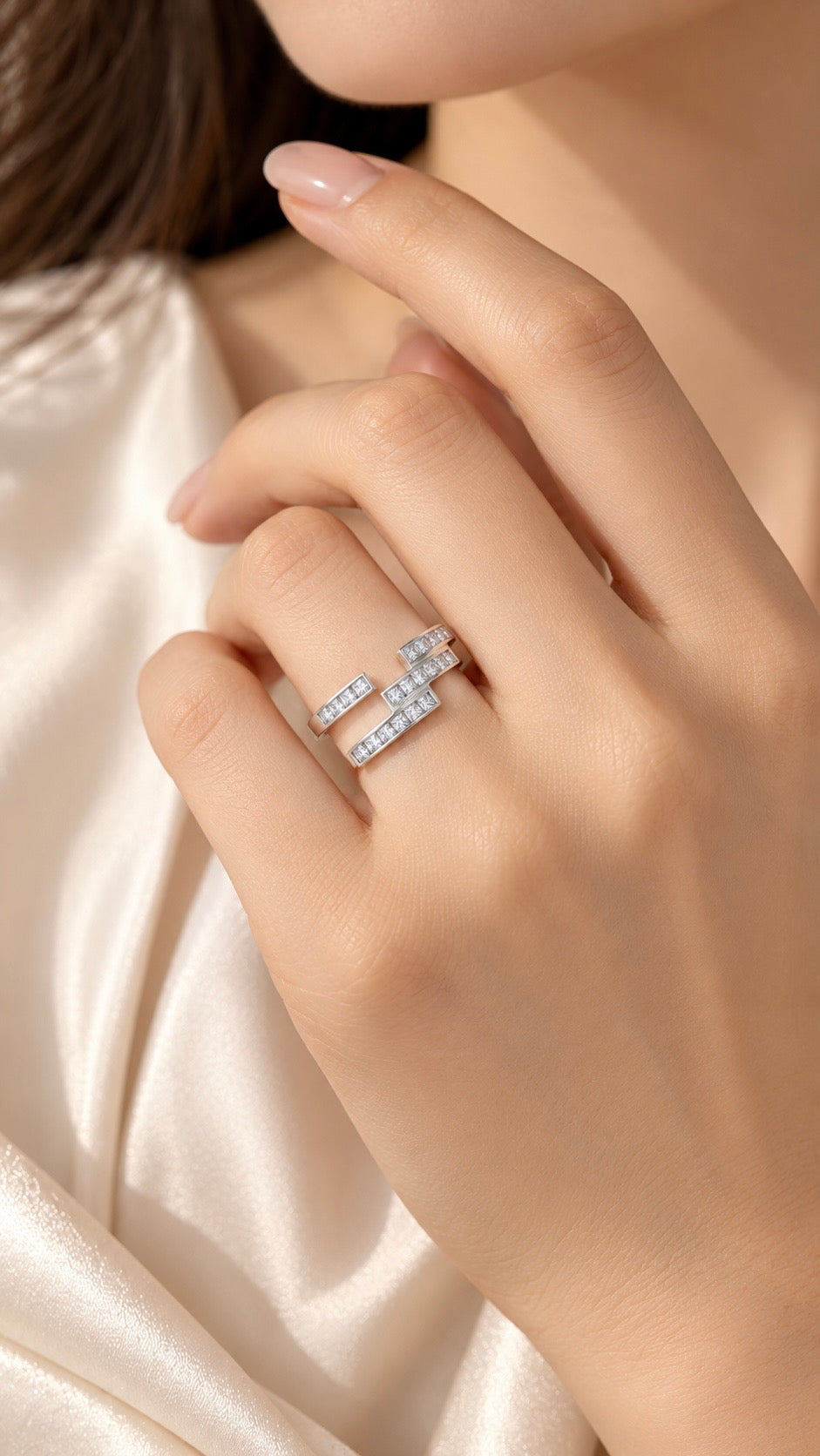Silver CZ Geometric Zigzag Adjustable Ring