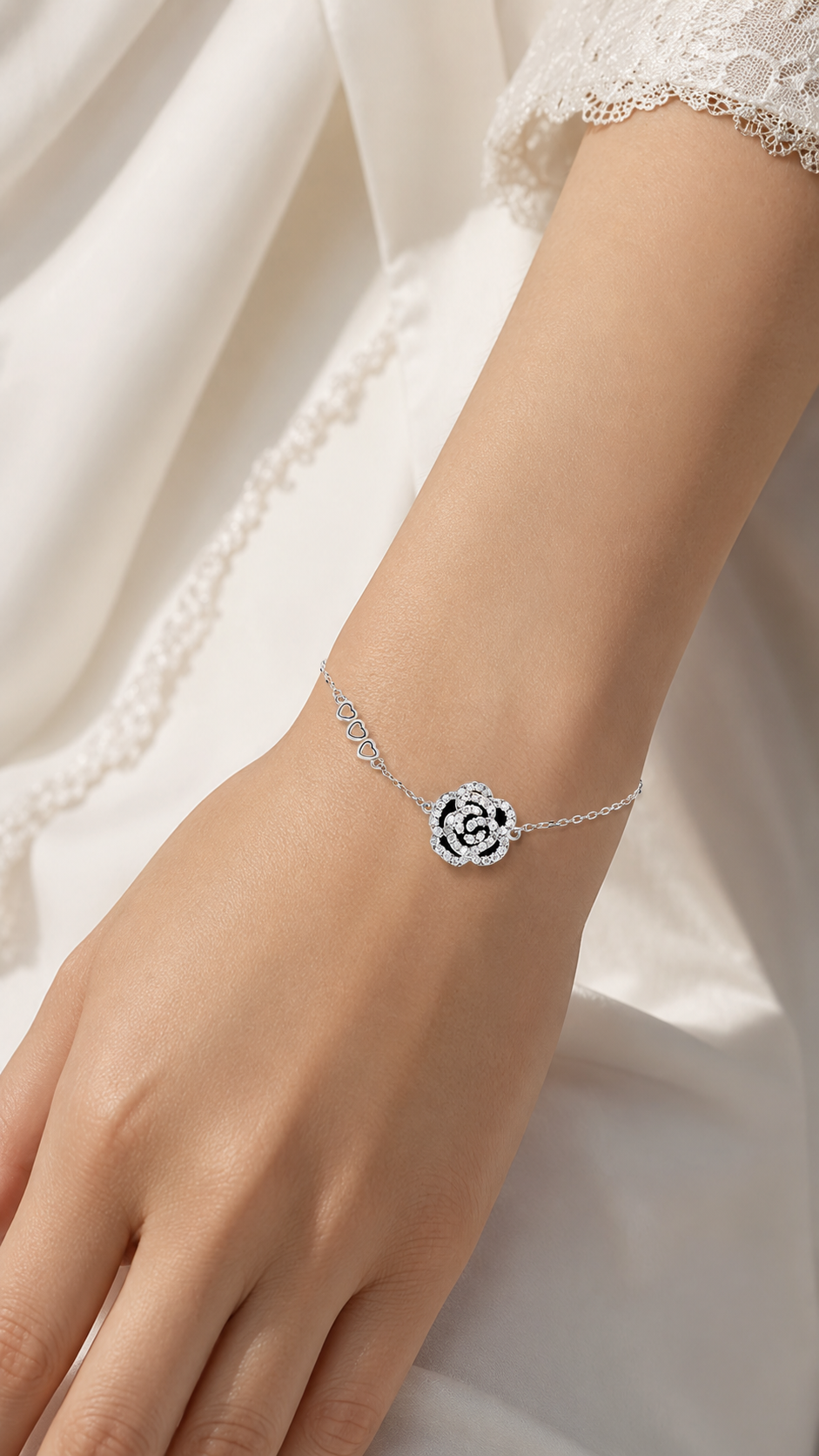 Silver Black Rose CZ Charm Bracelet