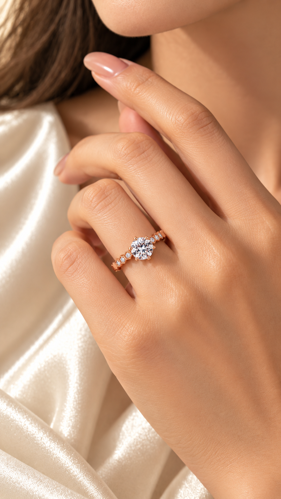 Rose Gold CZ Hexagon Band Solitaire Ring