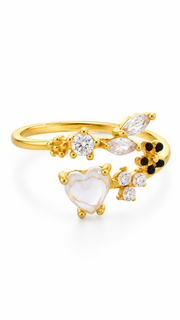 Gold Mother of Pearl Heart Floral Adjustable Ring