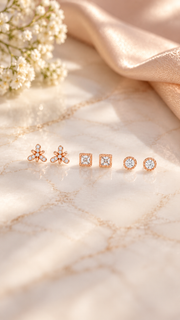 Floral , Square Round Solitaire Stud Earrings Set - Aaryahi Silver jewellery product photo