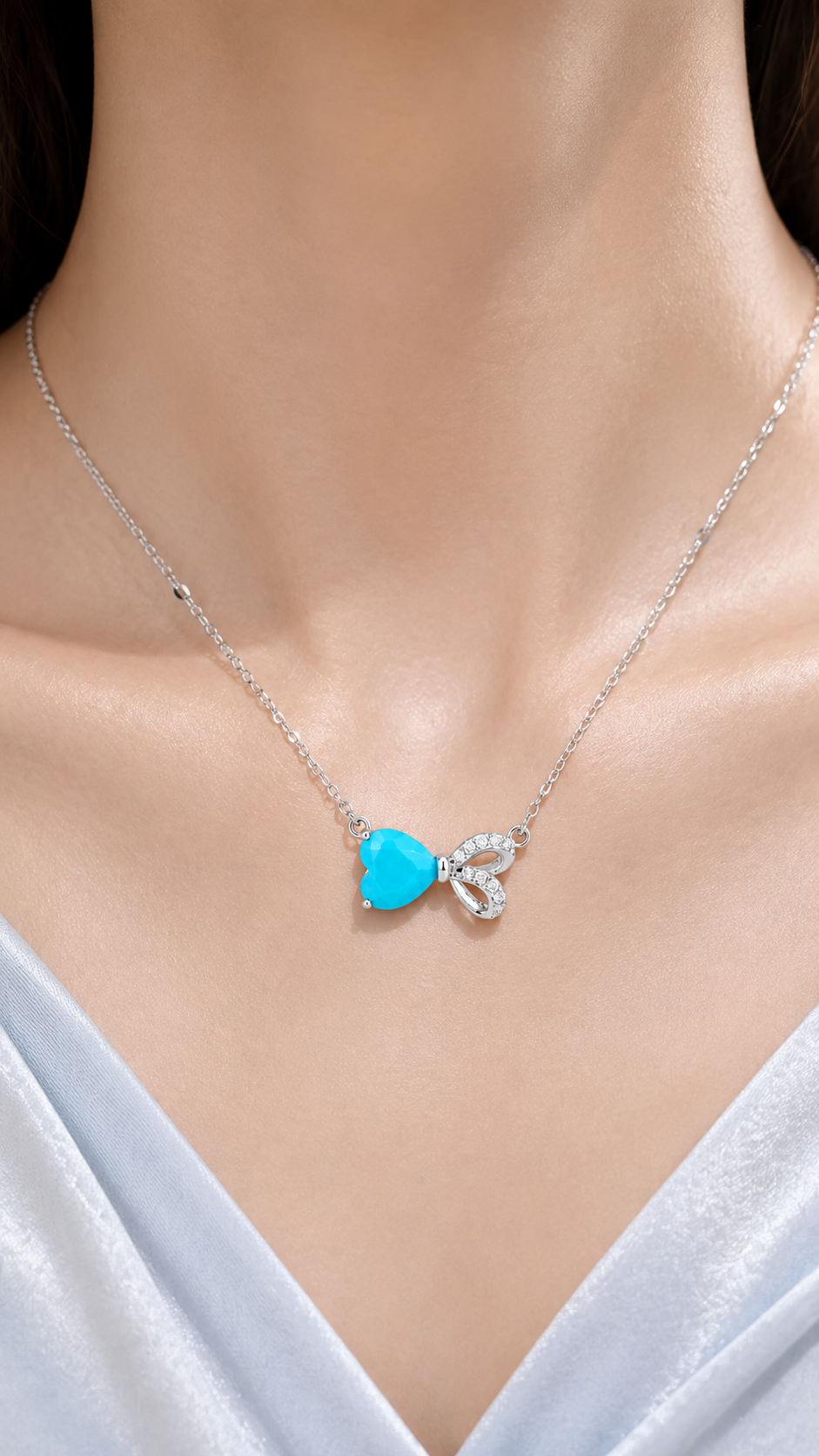 Elegant Silver Blue Heart Bow Pendant Necklace
