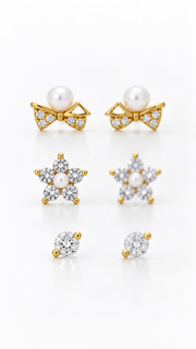 Pearl Bow, Floral Solitaire Earrings Set - Aaryahi Silver jewellery product photo