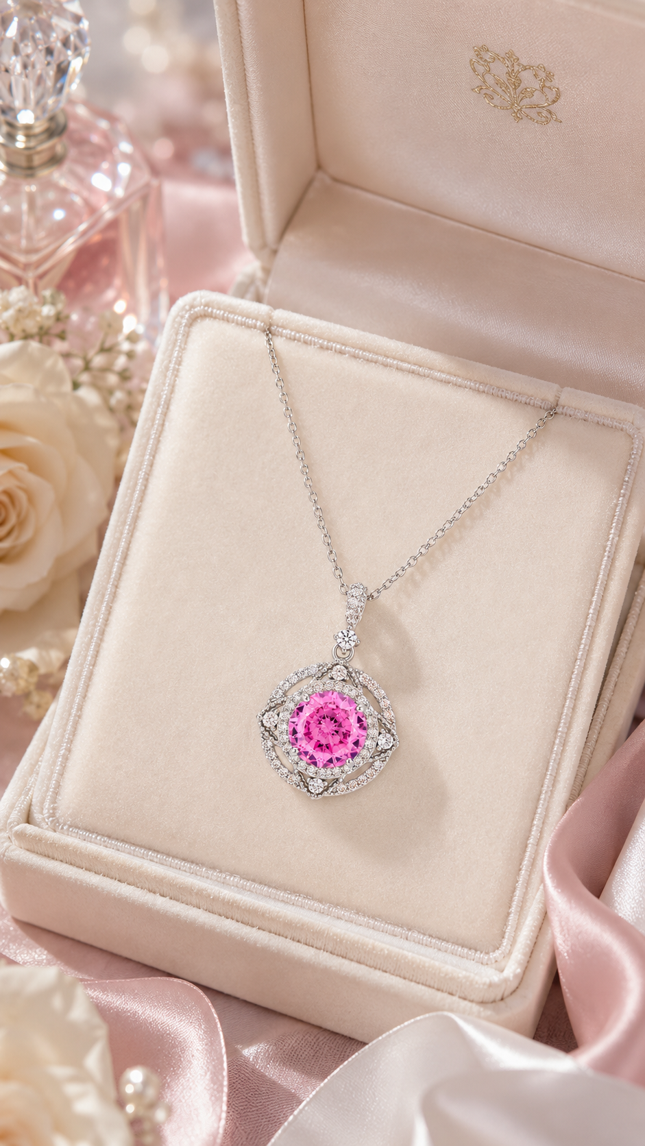 Elegant Silver Pink Halo Pendant Necklace