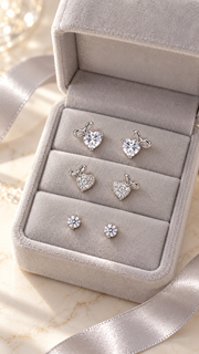 Bow Heart & Solitaire Stud Earrings Set - Aaryahi Silver jewellery product photo