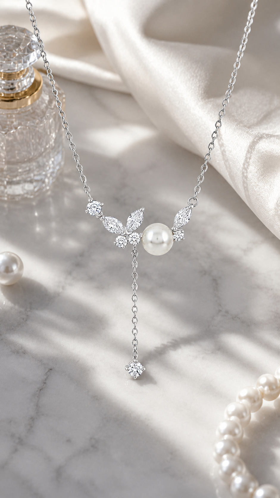 Elegant Pearl & Marquise CZ Drop Necklace