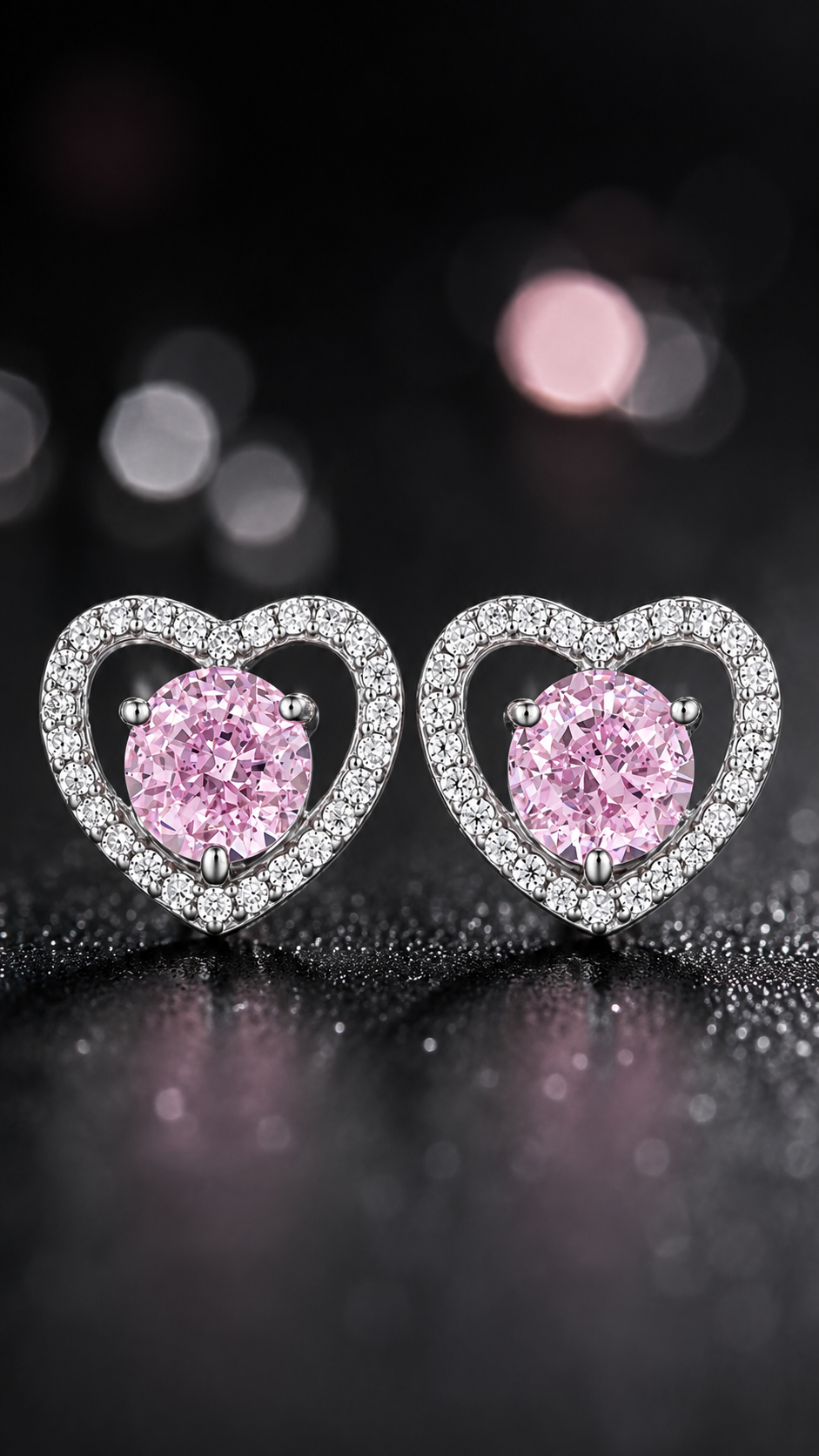Elegant Silver Pink Heart Halo Stud Earrings