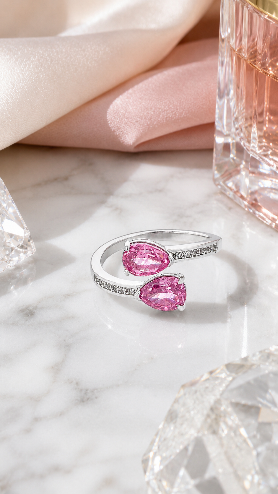 Double Pink Pear-Cut Adjustable Open Ring