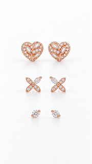 Heart Floral Butterfly Solitaire Stud Earrings 3 Pairs - Aaryahi Silver jewellery product photo