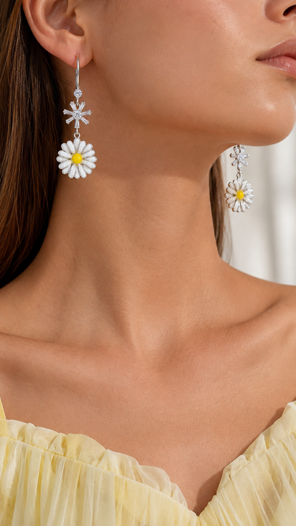Elegant 925 Sterling Silver Daisy Flower CZ Drop Earrings with White Enamel Petals & Yellow Center for Women