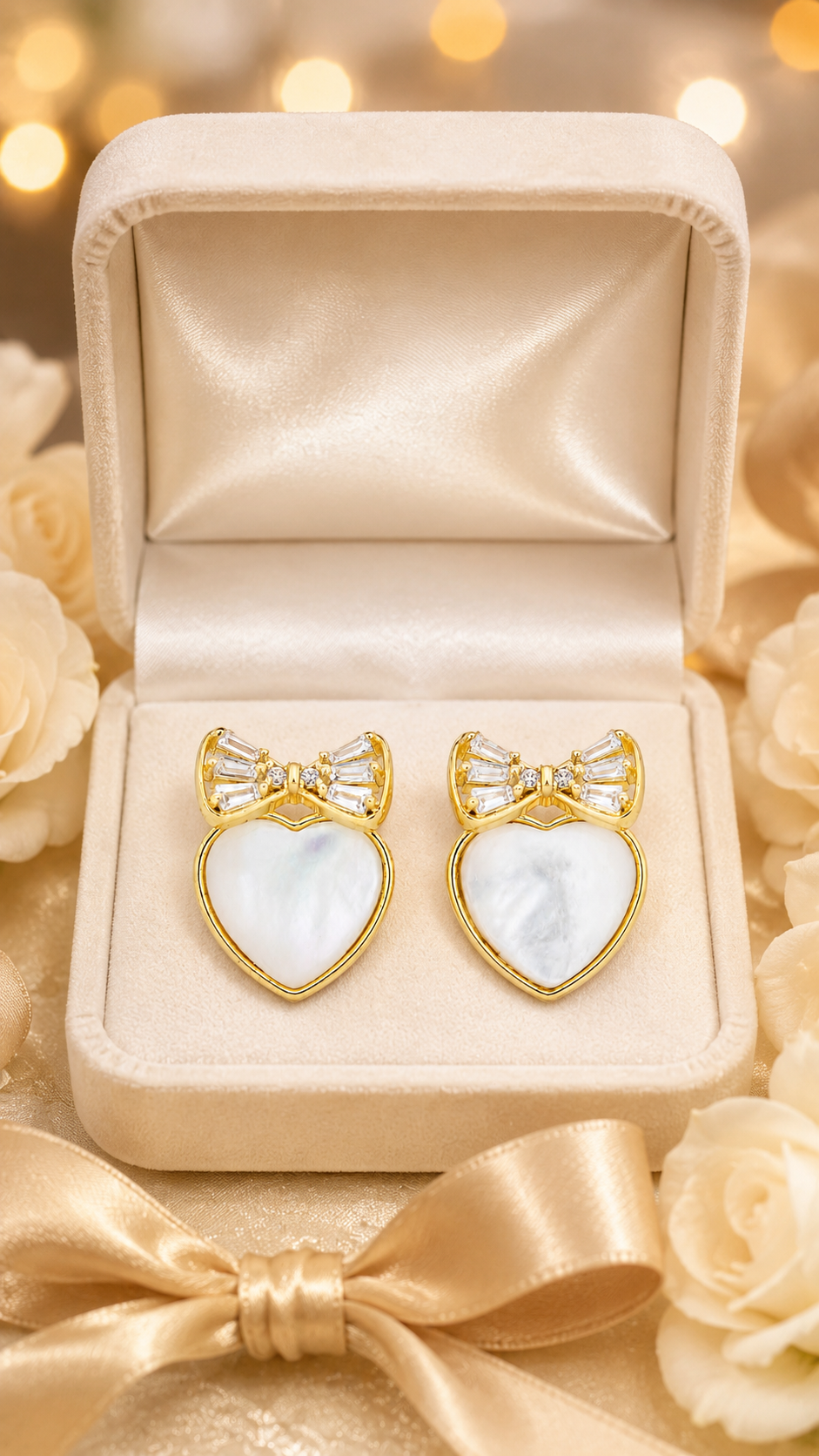 Elegant Gold Mother of Pearl Heart Bow Stud Earrings