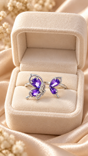 Silver Purple CZ Double Butterfly Adjustable Ring
