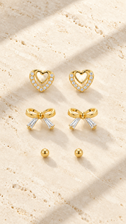Gold CZ Heart, Bow & Ball Stud Earrings Set - Aaryahi Silver jewellery product photo