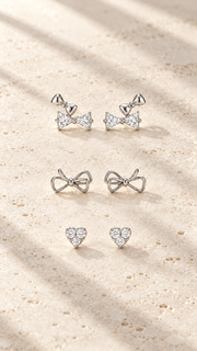 Bow, Open Bow & Heart Stud Earrings Set – 3 Pairs - Aaryahi Silver jewellery product photo