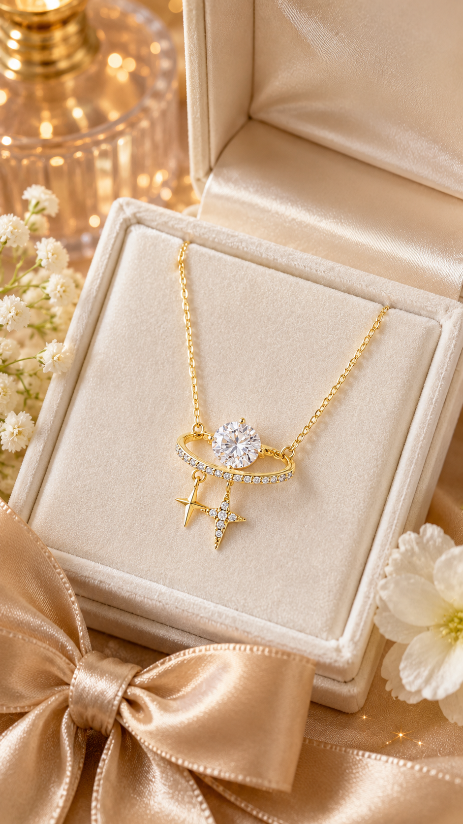 Celestial Planet CZ & Twin Star Gold Pendant Necklace