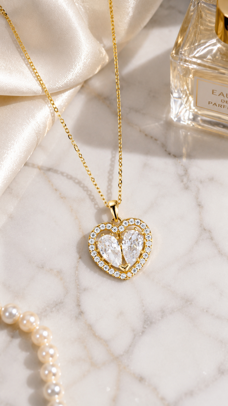 Elegant Gold Twin Heart Halo CZ Pendant Necklace