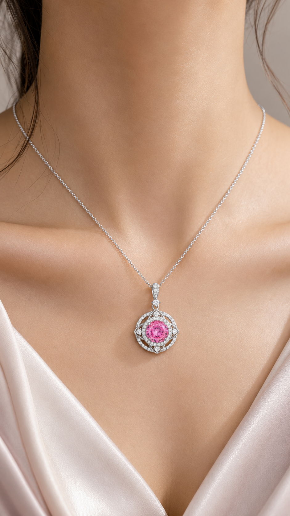 Elegant Silver Pink Halo Pendant Necklace