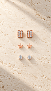Double Row, Star & Solitaire Stud Earrings Set - Aaryahi Silver jewellery product photo