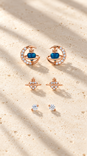 Blue Heart Planet, Heart Saturn & Solitaire Earrings Set - Aaryahi Silver jewellery product photo
