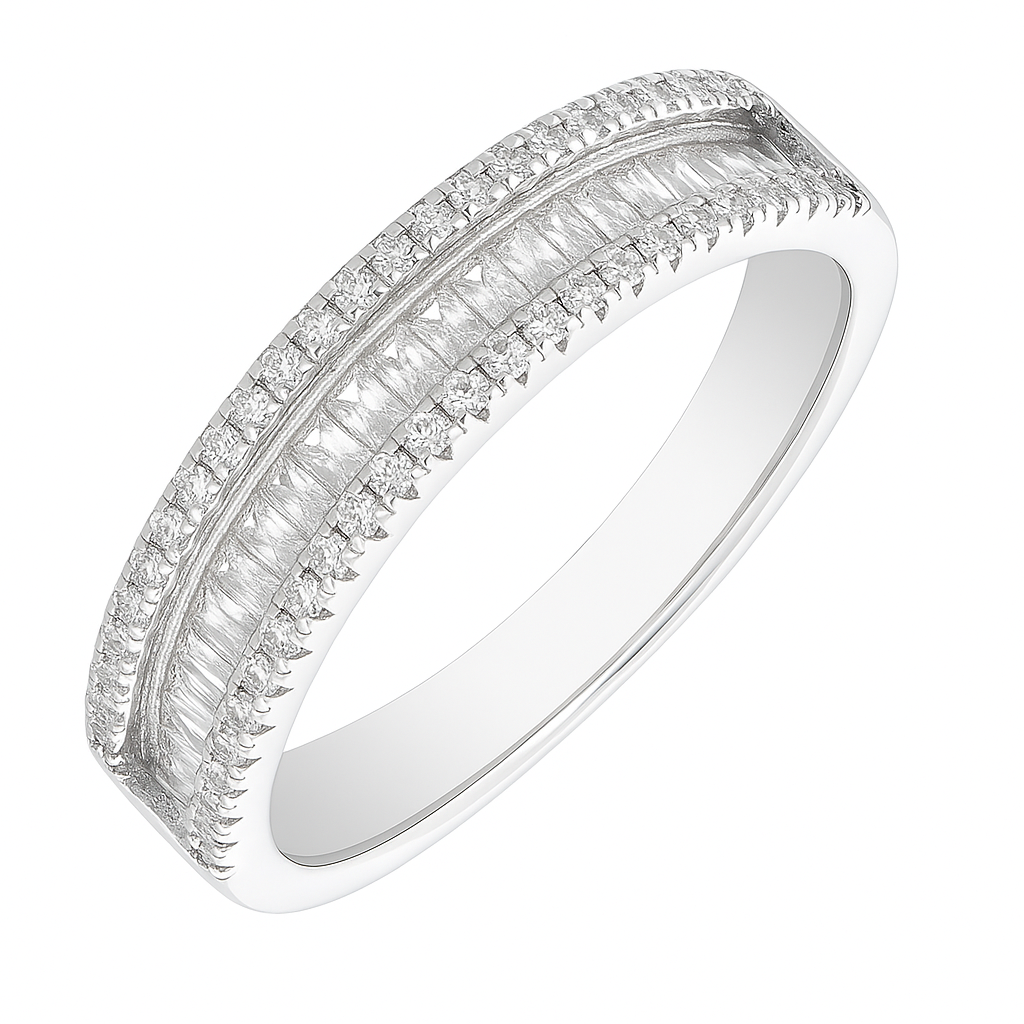 Classic Double Row Silver Band Ring with Crystal Accents