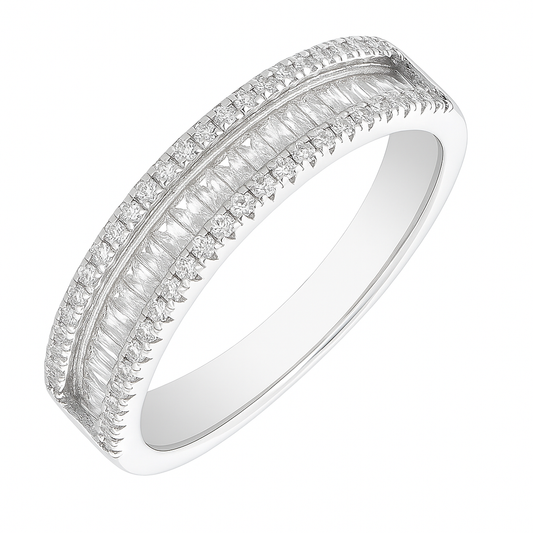 Classic Double Row Silver Band Ring with Crystal Accents