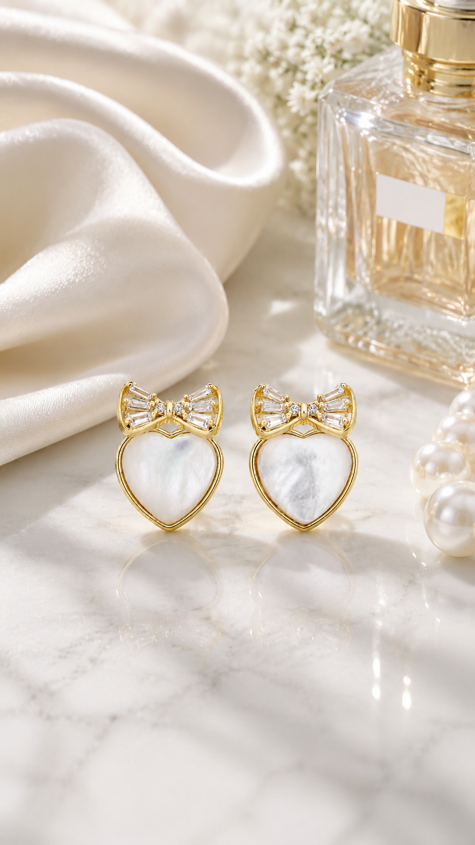Elegant Gold Mother of Pearl Heart Bow Stud Earrings